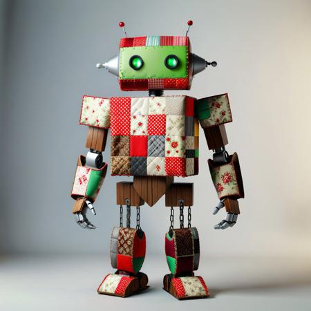 ptchkrawk, robot made of patchwork fabric, wooden robot, chains, glowing eyes, green eyes, mechanical, industrial, wood texture, brown color, gradient background, grey background, digital art, 3D rendering, standing pose, futuristic, sci-fi, minimalistic, no humans, no clothes, no genitals, no breasts, no face, no hair, no accessories, no jewelry, no shoes, no socks, forest background objects, no text, no watermark, no signature