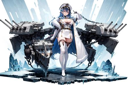 <lora:Shipgirlsv2-10:1>,  Shipgirl, NorthernParliament, 1girl, solo, long hair, breasts, looking at viewer, bangs, blue eyes, large breasts, thighhighs, gloves, long sleeves, hat, dress, cleavage, hair between eyes, underwear, blue hair, panties, full body, weapon, boots, black gloves, elbow gloves, belt, white dress, arm up, high heels, white thighhighs, coat, fur trim, chain, white headwear, thigh boots, short dress, white footwear, peaked cap, high heel boots, ice, open coat, turret, military hat, cannon, white coat, rigging, non-humanoid robot, outside border, fur-trimmed coat