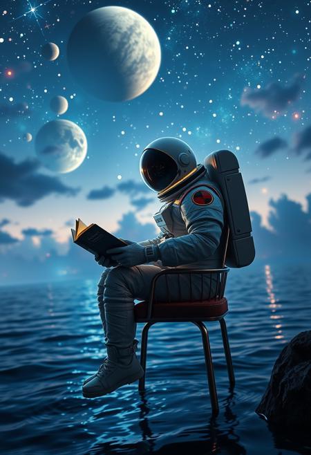 Man in space suit, spaceman, reading a book, holding a book, sitting on a chair, the chair is standing on the sea as if it is floating, beautiful picturesque sky, fantasy, realistic, hyper-realistic, perfect lighting, cinematic lighting, magnificent reflection, wonderful colors, masterpiece, ultra high quality, high quality, ultra-detailed quality, Unreal Engine 5, night, dynamic angle, Fantasy sky with planets, stars and lights, full imagination