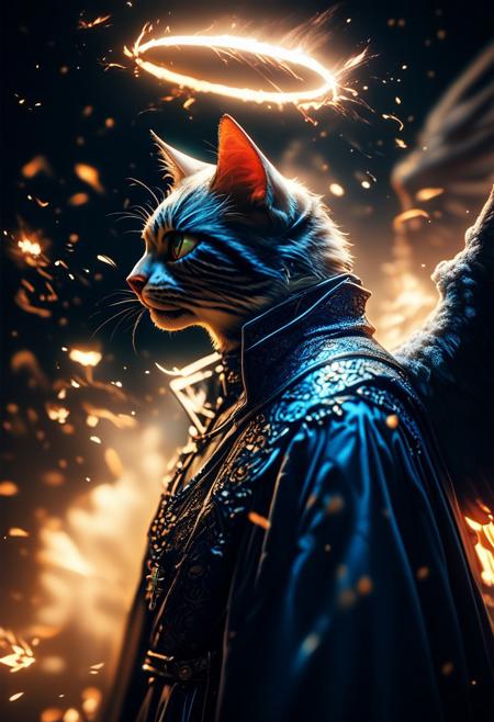 (score_9, score_8_up), score_7_up, (((cat))), clouds in the background, jewelry, upper body, necklace, armor, from side, glowing energy halo, cross, in the heaven, robe, blue and white theme, angel wings,
, 
depth of field, blurry background, black background, dark, CINE, embers, 
 <lora:unholy-000009:0.75>   <lora:CINE-000008:0.5>