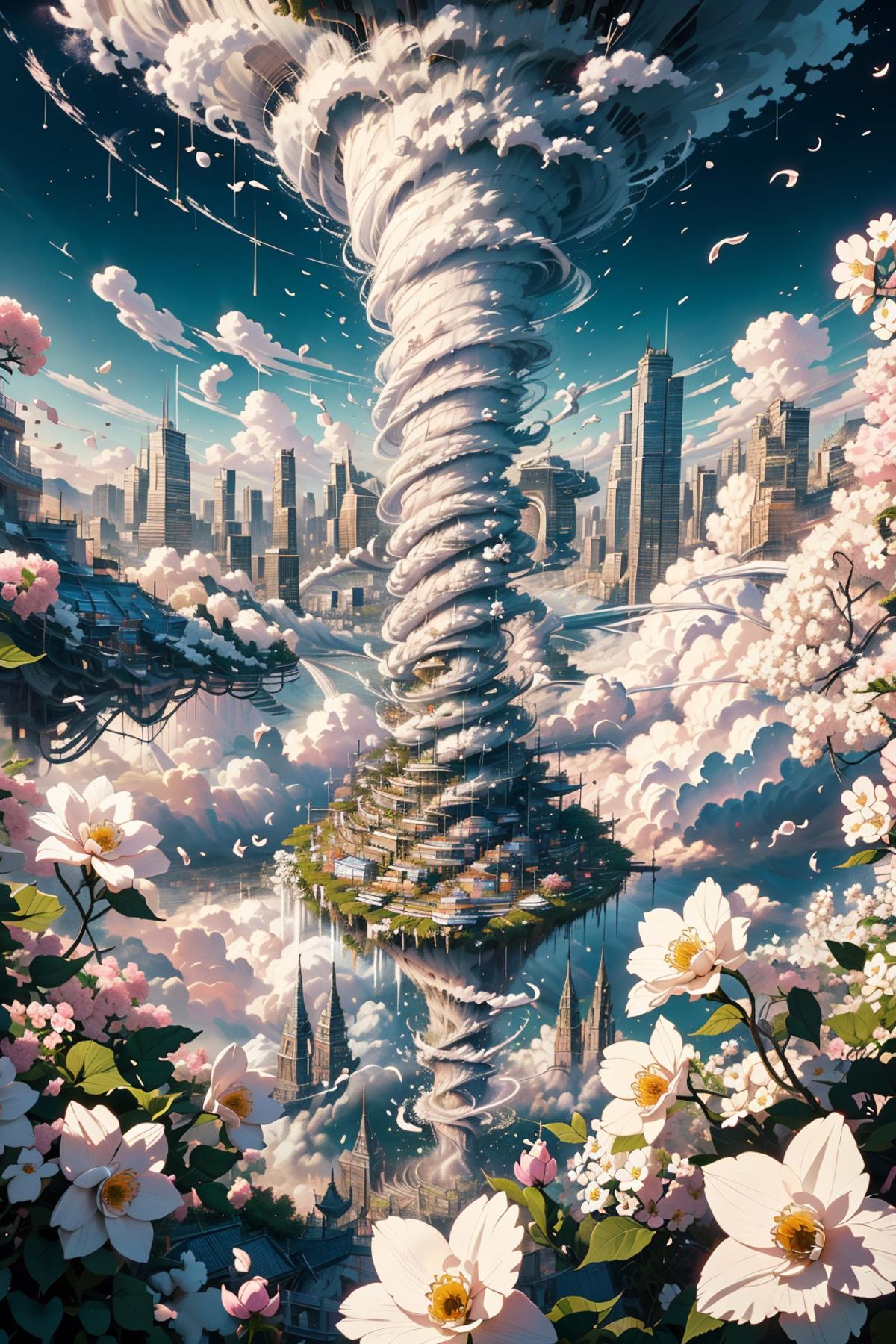A surreal artwork of a big twisting tornado with a city on its side and a flower-filled sky.