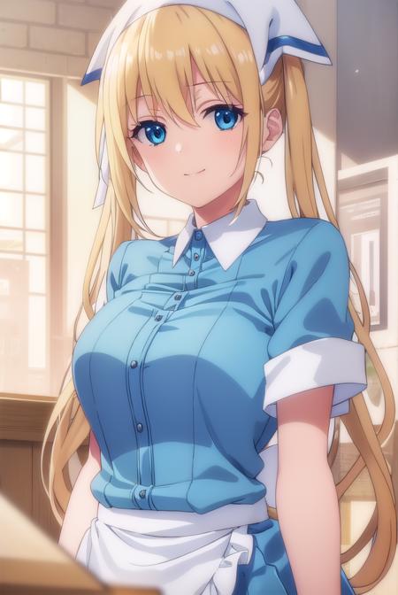 kahohinata, <lora:kaho hinata s1-lora-nochekaiser:1>,
kaho hinata, blonde hair, blue eyes, hair between eyes, long hair, sidelocks, twintails, smile,
BREAK apron, blue shirt, blue skirt, frilled apron, frills, gloves, head scarf, shirt, short sleeves, skirt, uniform, waist apron, waitress, white apron, white gloves,
BREAK indoors, restaurant,
BREAK looking at viewer, (cowboy shot:1.5),
BREAK <lyco:GoodHands-beta2:1>, (masterpiece:1.2), best quality, high resolution, unity 8k wallpaper, (illustration:0.8), (beautiful detailed eyes:1.6), extremely detailed face, perfect lighting, extremely detailed CG, (perfect hands, perfect anatomy),