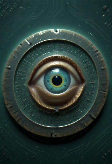 (surreal floating eye built from concentric layers of circuitry:1.6), (pupil made of a rotating cooling fan:1.4), (iris formed by glowing micro-traces:1.3), surrounded by signal waves, hovering in a digital void, visionary symbolism, detailed techno texture, soft ambient glow, sci-fi mysticism, strong center composition, (TzigoCBS), lazympos, lazyneg, lazyxxx