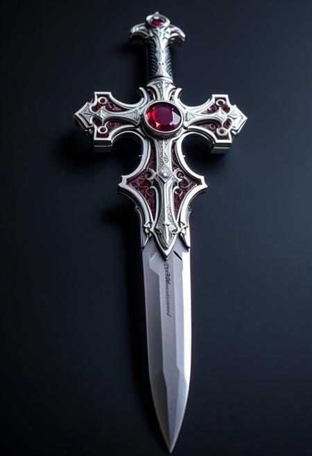 SilverPulse, a cross dagger, on a wooden decorative holder, silver blade with engravings, ruby and diamonds inlaid  in a silver handle,  intricate, hyper-detailed, professional photoshoot, ultra-sharp, vivid colors, dark lighting, 50mm lens,