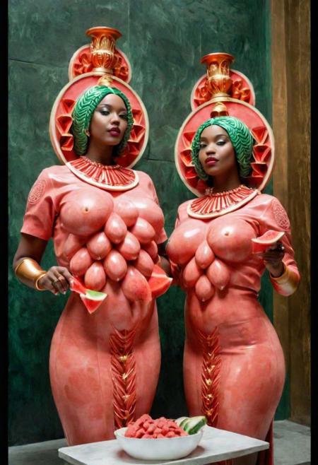 A waist up extremely erotic photograph, two sexy busty horny, temple priestesses l, are eating a watermelon, in the brand new shiney colorfully painted, futuristic sacred temple of Artemis. 1970s Brazilian Tropicalia retrofuturism, Leica M3, 50mm lens, technicolor