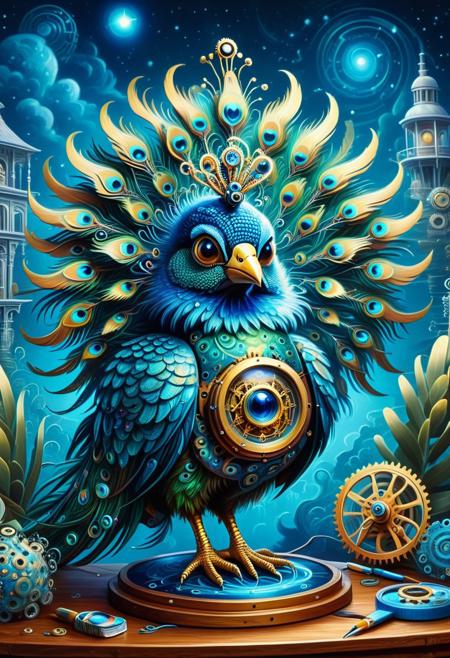 embedding:lazypos, animal, feral animal, surrealist animal, no human, sfw, 
The Clockwork Peacockamthus
Character: A peacock fused with a protea flower, its feathers made of intricate glowing  gears that tick as they fan out.
Activity: Painting an upside-down landscape on a floating easel.
Background: A studio where the brushes move on their own, and the glowing swirls into living creatures.
Tragic Origin: It was an artist cursed to see the world in reverse—now it can only paint what it cannot understand.
Glowing Transformation: The gears in its feathers glow blue when it captures a memory perfectly.