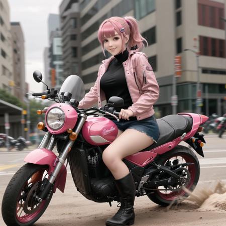 1girl, bangs, blurry, blurry background, boots, brown eyes, eyebrows visible through hair, ground vehicle, hair ornament, hairclip, highres, jacket, medium hair, motor vehicle, motorcycle, pink hair, ponytail, smile, solo