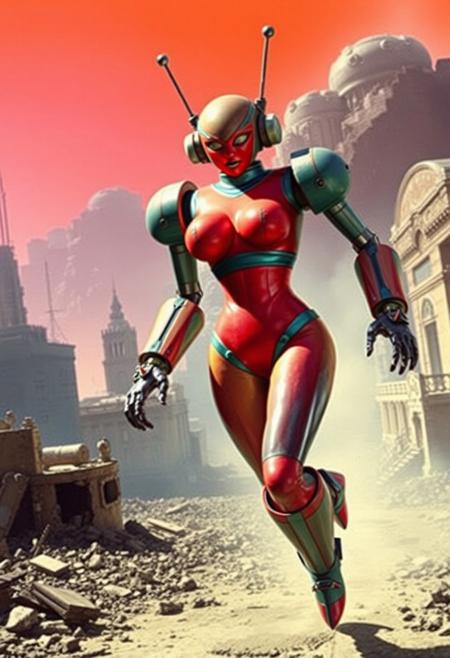 score_9, score_8_up, score_7_up, ArsMovieStill, movie still from a 1930s technicolor movie, a giant colorfoul robot human sexy woman form with giant breast two antennas running on a destroyed city