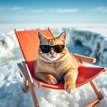 A cat wearing sunglasses, lounging on a mini beach chair, snow hill
