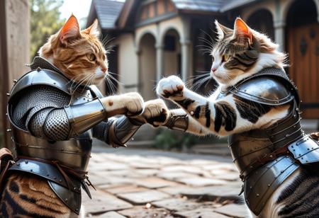 cats wearing knight armor fight with each other in a battle