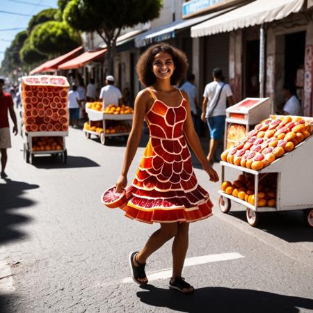 Brazilian girl, selling orange fruit in streets, wearing orange sliced shaped dress, <lora:blood_orange_world_morph_sdxl:1> , sunny day, people walking, vendor stand, blood orange style