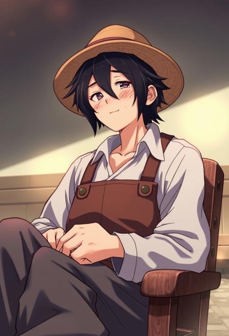 masterpiece, best quality,anime, farmer,1boy, grandpa ,black hair ,The Age of Legends,Age between 45 and 60 years,sitting on a chair,bread,