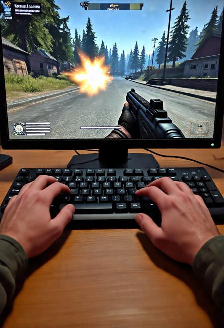 first person POV shot of a persons 2 hands at a computer screen on a desk. the computer screen shows a shooter game being played on the monitor, shot at eye level.