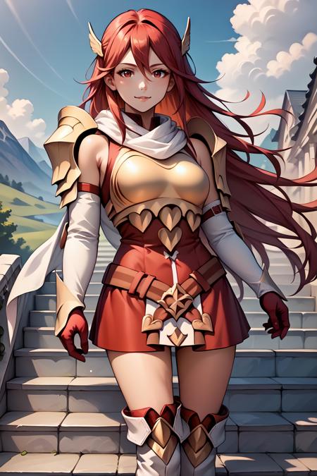 defCordelia, red hair, red eyes, wing hair ornament, red dress, short dress, armored dress, belt, gauntlets, garter straps, thigh boots respCordelia, red hair, red eyes, wing hair ornament, red dress, short dress, belt, white scarf, single shoulder armor, bronze breastplate, detached sleeves, red gloves, white boots bridCordelia, red hair, red eyes, wing hair ornament, wedding dress, strapless, bridal gauntlets sprCordelia, red hair, red eyes, fake rabbit ears, hair flower, frilled choker, see-through sleeves, cleavage, red leotard, elbow gloves, see-through skirt, red pantyhose sumCordelia, red hair, red eyes, wing hair ornament, collarbone, red bikini, bare shoulders, frilled bikini, cleavage, bikini skirt, red gloves, fingerless gloves  winCordelia, red hair, red eyes, leaf hair ornament, white cape, fur trim, white dress, fur-trimmed dress, christmas, white thighhighs, red gloves