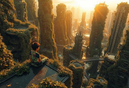 A futuristic eco-city covered in massive vertical gardens,where skyscrapers intertwine with lush greenery. A boy wearing a futuristic outfit adorned with nature-inspired patterns sits on a rooftop platform,overlooking aerial walkways and flowing water features surrounded by vegetation. The golden hues of sunset cast dynamic shadows,creating a harmonious yet mysterious atmosphere.,<lora:kcyberpunk-01:0.8>,kyberpunk,
