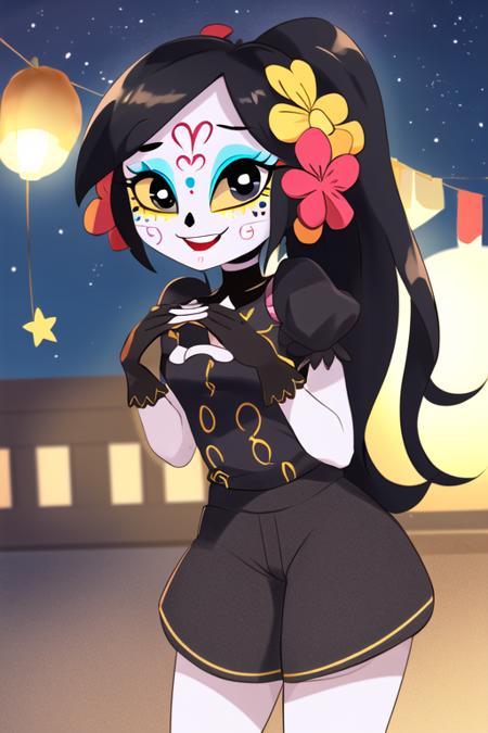 masterpiece, best quality, <lora:catalina_la_catrina:0.7> 1girl, solo, yellow sclera, dress, makeup, black hair, eyeshadow, smile, night, gloves, flower, colored sclera, own hands together, hair ornament, ponytail, hair flower, colored skin, night sky, sky, heart, star \(sky\), long hair, own hands clasped, black pants, black shirt, puffy sleeves, short sleeves,