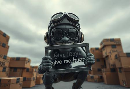 Character in the style of Gorillaz's Demon Days album|grey sky background|stark contrast|((pilot helmet))|eyes covered with dark glass frame|(style:1.5). Big mouth, grey skin, smiling, wide smile, mouth wide open,
Crouching, metallica pose, full body, arsenal, grey, dark room, boxes,
Full view, from above, high angle, ground gravity, holding metal frame with text saying "give me buzz",
masterpiece, best quality, detailed, realistic, 8k UHD, high quality, lifelike, precise, absurdres, rendered in a cinematic, HDR style, 8K resolution
masterpiece, best quality, detailed, realistic, 8k UHD, high quality, lifelike, precise, vibrant, absurdres, SimplepositiveXLv1, sfw <lora:xl_more_art-full-beta1:0.7>