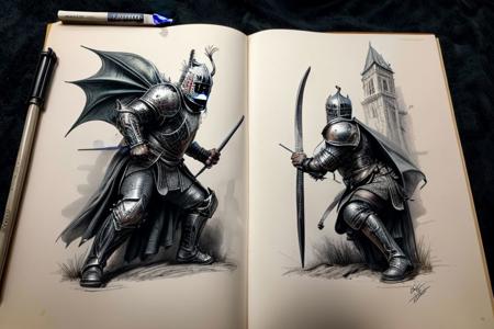 Pencil sketch, intricately detailed, rich shadows, highest resolution, highest quality, 8k UHD, 
best perfect realistic HD ultra HD 4k clear and detailed image, battle knights with a large and fearful fire dragon, nearby castle, weapons swords, crossbows, bows, detailed visualizations of knights, dragon and landscape, detailed depiction of their faces and weapons and armor, and o ...