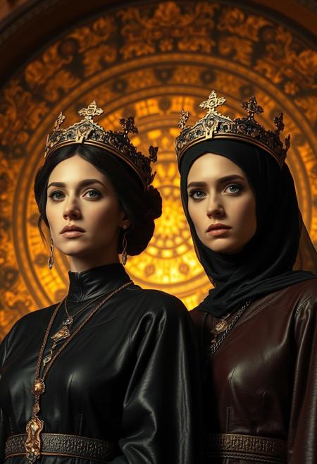 the reign of the two mother empresses in the byzantine empire in a dystopian future, a glowing golden mosaic in the background of the two woman, futuristic crowns on their head, wearing dark leather robes, enraptured looks towards the camera, full body. 
Maria Komnene, an educated and charismatic noblewoman from the Komnenos lineage—a family with historical claims to the throne. She was known for her strategic abilities and was considered a skilled negotiator. Theodora Doukaina, a pious and equally assertive woman from the Doukas dynasty. She was renowned for her diplomatic talents and enjoyed high regard both within the clergy and among the general populace."