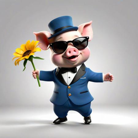 Full body, luxurious sunglasses and hat, excited and happy expression,
A cute and adorable baby pig wearing a figure skating suit, doing figure skating moves, and holding a flower in one hand. It's a cute, happy, fantastic, stylish and dreamy 2D Disney animation. . It's illustration-focused, 3D-focused, and has a professional feel. Soft, modern and cool. Graphics, background is white.