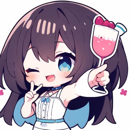 1girl, chibi,parfait,hand,drinking,v sign,beckoning,happy,love you,one eye closed