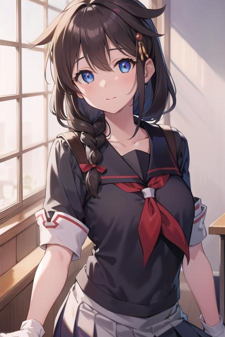 shigure, <lora:shigure-lora-nochekaiser:1>, 
shigure, ahoge, brown hair, blue eyes, braid, hair ornament, hair over shoulder, long hair, single braid, hair flaps,
BREAK black gloves, black serafuku, black shirt, black skirt, fingerless gloves, gloves, neckerchief, pleated skirt, red neckerchief, sailor collar, school uniform, serafuku, shirt, skirt, white sailor collar,
BREAK looking at viewer, 
BREAK indoors, classroom,
BREAK <lyco:GoodHands-beta2:1>, (masterpiece:1.2), best quality, high resolution, unity 8k wallpaper, (illustration:0.8), (beautiful detailed eyes:1.6), extremely detailed face, perfect lighting, extremely detailed CG, (perfect hands, perfect anatomy),