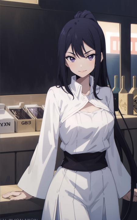 anime, ((medium up )), lixu, a woman with long black ponytail hair, three front hair strands, purple eyes, a white one-piece outfit, a black waistband, smiling, at the bar, 8k, Unreal Engine 5, octane render, by kyun, gamang, Yoon Gon-Ji, g.ho, gosonjak, shuroop, serious, domi, noah, trending on pixiv, fanbox, skeb, masterpiece, smooth soft skin, big dreamy eyes, beautiful intricate colored hair, symmetrical, anime wide eyes, soft lighting, concept art, digital painting, <lora:lixu:0.6>