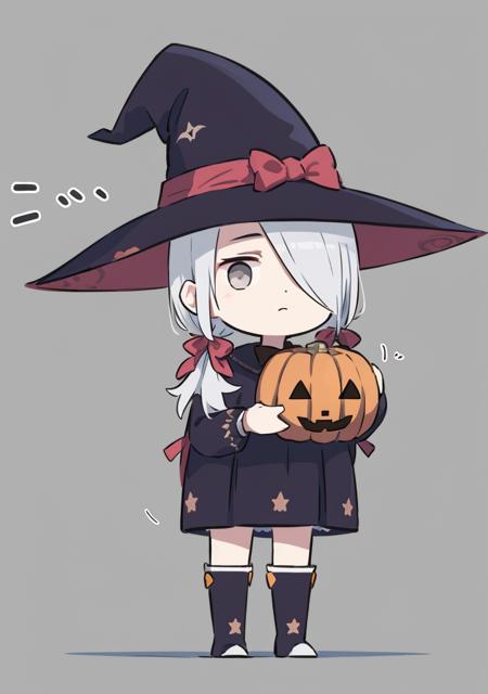 1girl, witch hat, hat, solo, long hair, v, halloween, dress, hair over one eye, halloween bucket, white hair, holding, multicolored hair, simple background, grey eyes, white dress, grey background, twintails, pink hair, black footwear, jack-o'-lantern, looking at viewer, boots, full body, hairband, bow, witch<lora:xinzoruo-05:1>,