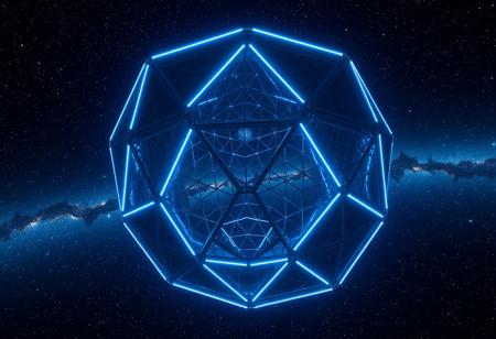 A massive geodesic octagon structure floating in the vastness of outer space, its surface made of intricate, interlocking metallic panels with glowing neon blue lines tracing its geometry, capturing the futuristic essence of advanced engineering. The scene is illuminated by distant stars, adding a soft, ethereal glow to the octagon’s edges, with a vast galaxy spread out in the background, stars and nebulas rendered in breathtaking clarity. The geodesic form creates a hypnotic symmetry that stands out against the cosmic backdrop. Panavision optics capture every detail with hyperrealism, emphasizing the high-definition textures on the octagon’s surface. Rendered in 8K ultra-high-definition with Octane Render, achieving photorealistic detail, depth, and color accuracy, showcasing an epic, futuristic space setting with highly dynamic lighting, shadow play, and lens flare effects from the Panavision capture, giving it an immersive and cinematic quality.