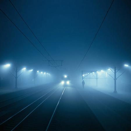 *"A still, hauntingly beautiful evening train station, bathed in deep blue hues and thick, slow-moving fog. The camera lingers motionless above the tracks, capturing the eerie stillness—only the faint glow of distant station lights piercing the mist. Suddenly, a slow, ghostly movement: a single train arrives silently, its headlights cutting through the fog like dim searchlights. The air shimmers with floating particles, and the scene feels frozen in time, yet alive with tension. No people, no loud sounds—just the quiet hum of machinery and the occasional creak of metal. Cinematic, 4K, 35mm film grain, muted colors, surreal and dreamlike."*
