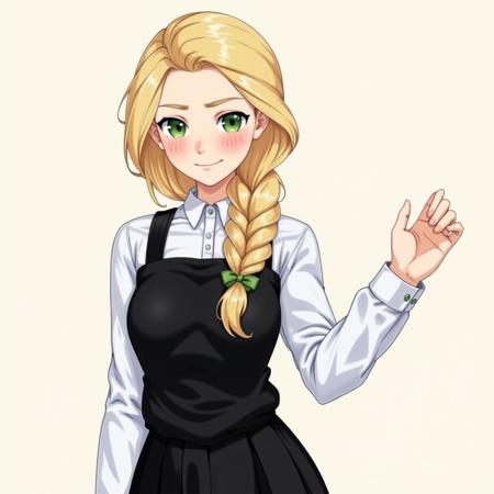 1girl,blonde hair,single braid,green eyes,white shirt,collared shirt,hair over shoulder,black vest,black skirt