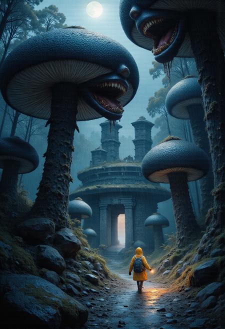 A nightmare landscape featuring an enchanted forest filled with massive, oversized black wet mushrooms with countless creepy old faces featuring with open and closed human mouth on their stems and dripping saliva sparkling in dark shadows. The forest floor is covered in rocks and soft moss. moonlight filters through a gentle mist, casting cold golden beams across the scene. A lone adventurer, a small human figure with a flashlight, yellow raincoat and a backpack, panically running away on a narrow forest path to an ancient temple ruins covered in lush moss like a mirage, emphasising the scale of the gigantic mushrooms with their various scary expressions. The atmosphere is dark, magical, with a surreal balance of realism and fantasy elements. Soft focus in the background enhances the depth and otherworldly feel, heavy raining in dark environment, inspired by Junji Ito, cult, vantage photography taken in 90s,(dutch angle), (glitchy borders, film grain,color channel artifacts,grainy texture,vignette,burnt edges,overexposure,soft focus or blurry edges,frame flicker,double exposure,off-center,chromatic aberration:1.2),
