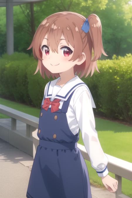 anime coloring (petite:1.5) female child brown hair,medium hair,side ponytail,one side up,hair ribbon,hair between eyes,bangs,red eyes school uniform,sailor dress,pinafore dress,white sailor collar,blue dress,white shirt,red bowtie,long sleeves,flat chest,white socks,loafers