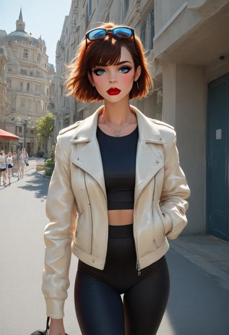 score_9, score_8_up, score_7_up, outdoors, street, gym entrance, sunny day, Isabella, brunette, makeup, red lipstick, eye shadow, Gym_outfit, cream jacket, cream leather jacket, yoga pants, gym bag, blue sunglasses, smouldering expression