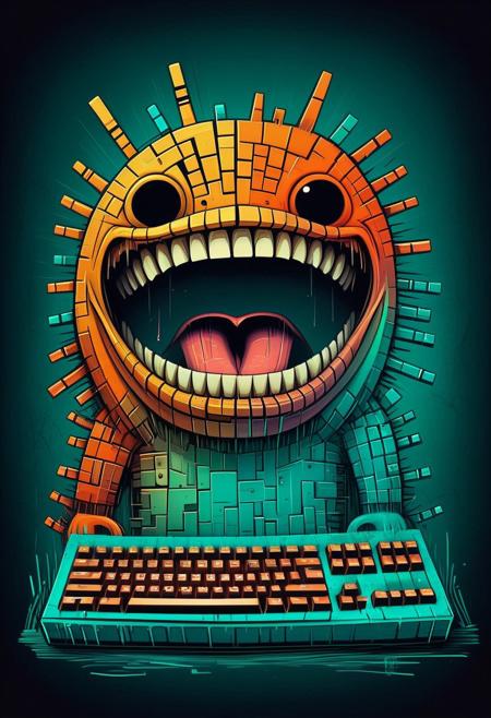 an adroit d3press1on illustration, in the playful scribble drawing style. triadic complementary colors, dark and moody surreal nightmare of an eerie laugh, teeth are jagged keyboard keys, a mouth distorted, wide grin, and full of teeth made of keyboard keys, in the realm of the damned dreaded souls, teal and orange color grading, yellow abstract geometric gradients stain the orangish background
"The Keyclaw"