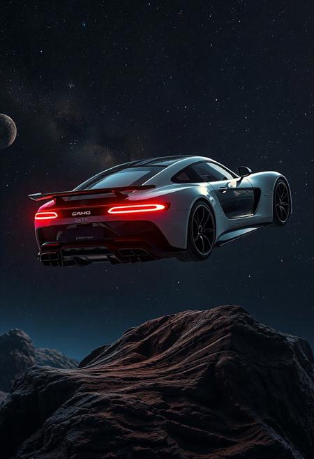 Mercedes-AMG ONE GT floating in outer space, ultra-realistic 4K render with high detail. The car has a pitch black and white color scheme, glowing red rear lights and neon blue front headlights. The car is levitating above a rugged asteroid, without contact to the surface. It is illuminated by distant stars, galaxies, and cosmic dust, casting subtle reflections on its sleek surface. Deep space lighting, realistic shadows, and a cinematic sci-fi atmosphere. The background features a cosmic environment with stars, nebulae, and distant celestial bodies. Emphasis on photorealism, weightless suspension, and dramatic lighting that enhances the futuristic vibe