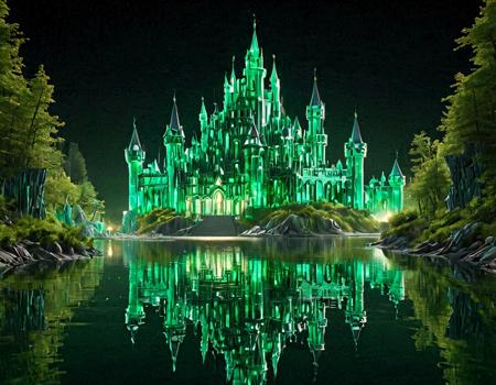 emeraldmorph, a fairy tale castle on a placid lake, glowing green <lora:EmeraldMorph:1>