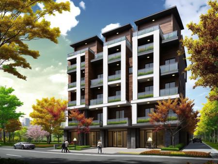 <lora:JJsRowHouse:.7>,((best quality)),((masterpiece)),((realistic)), , photorealistic,  ((Rowhouse)),  car, motor vehicle, outdoors, sky, ground vehicle, scenery, building, city,  road,  cloud, crosswalk, real world location, lamppost, tree, street, cityscape ,cloud , sidewalk, wood ,bush ,flower ,autumn leaves,