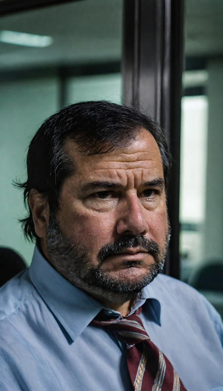 <lora:pytorch_lora_weights:1> Elderly Marcos Souza 60 years old, lumberjack beard, Receding hairline, chubby, face with deep wrinkles, slightly at the back of the head, chubby face, the owner of a mega-company, is having a furious conversation with an employee in his office on the 20th floor of a building in New York City, highly detailed textures, tired, run down, deep skin pores, perfect lighting, photorealism, photo realistic, hard focus, smooth, depth of field, 8K UHD, photo taken by a Sony Alpha 1, 85mm lens, f/1. 4 aperture, 1/500 shutter speed, ISO 100 film, neutral colors, muted colors, close up face shot, hyper detailed, award winning masterpiece, portrait with son, no mustache on kid and baby