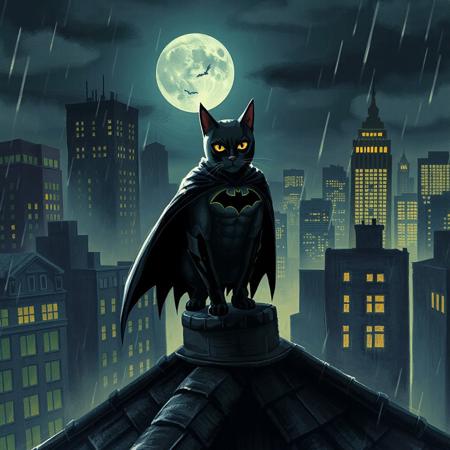 a cat in a batman suit over a roof in gotham city in the night