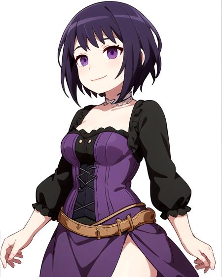 Black hair,  short hair,  goth,  purple dress,  purple eyes,  purple dress,  black corset,  smile,  tired,  (white background:1.3),  cowboy shot,  solo,  1girl, <lora:EMS-43676-EMS:0.700000>