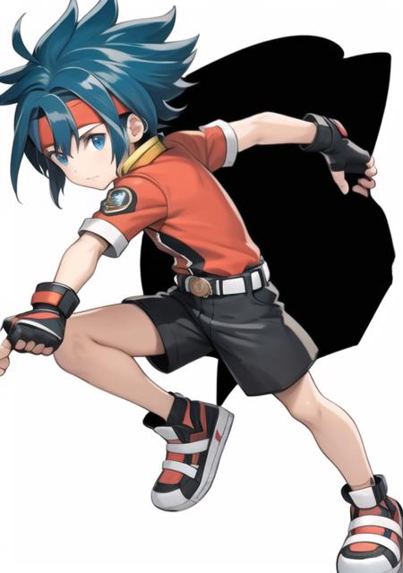 <lyco:RangerChar-08:0.7> solo, blue eyes, simple background, black hair, gloves, 1boy, white background, holding, blue hair, jacket, full body, short sleeves, male focus, shoes, shorts, belt, fingerless gloves, headband, black shorts, legs apart