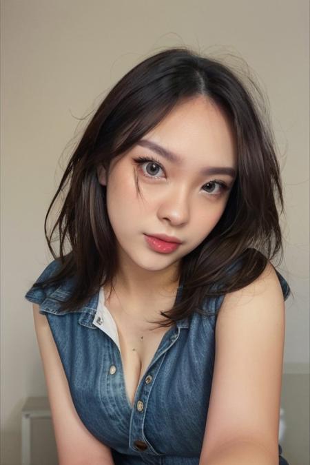 (sport bra, sexy jeans,denim jacket), collar bone, collar cocker, perfect face shape, (perfect eyes, bright eyes, downing eyes, perfect eyes looking), (fullbody shoot:1.2), {smirk|parted lips}), cleavage, (small breast:1.2), looking at viewer, (shiny skin, pale skin, clear skin), (messy medium hair : 1.2), focus on face, ((white background, simple background)), (make up, eyelash, blush), hands up,