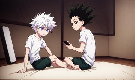 ((masterpiece, best quality)), 2boys, gon_freecss, (killua_zoldyck), barefoot, shorts, sitting, shirt, couch, indoors, messy room, t-shirt, holding, feet, pillow, controller, toes,, cup, spiky_hair, table, multiple_boys,  black_hair, white_hair, crossed legs, brown_eyes, blue_eyes, white shirt, black shorts, game controller, monitor, warm lighting, short_hair, hxh2011 <lora:hxh2011:0.55>,