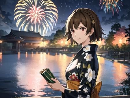 masterpiece, best quality, highres, extremely detailed CG unity 8k wallpaper,
illustration of  dsmakoto, short hair, crown braid, smiling, floral print yukata, festival, lake, cityscape, fireworks, night sky, detailed background
<lora:dsmakoto_e2:0.75>