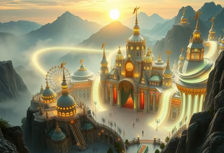 Captivating fantasy scene:
Colossal fantasy palace
Palace features:
Bright, ribbons of aurora lights arc out like paths,
European architecture, large open stage in courtyard,
Sweeping curves and dynamic shapes
Metallic and glass surfaces with a white and gold, reflective quality
Dramatic lighting highlighting key architectural elements
Setting:
Surrounded by jagged mountains, sun rising over the tops,
Palace towers over the surrounding environment
Misty, breathtaking scene
Color palette:
White, Metalic Golds, vibrent colors, aurora borealis, luminous colors, 
Lighting:
Golden hour, otherworldly glow illuminating the palace
Soft, amazing light emanating from within the structure
Additional elements:
aurora borealis above
Trident patterns built into architechture and on flags,
theme Park build into the surrounding mountains, large ferris wheel, rollercoaster, roads of light looking like an aurora borealis,
Faint, figures or creatures in the foreground or background
Hints of advanced technology integrated into the architecture
Style: Hyper-realistic digital art with a touch of surrealism
Mood: Awe-inspiring, bright, and mysterious
Composition: Wide-angle view to showcase the palace's scale, with a low angle to emphasize its towering presence