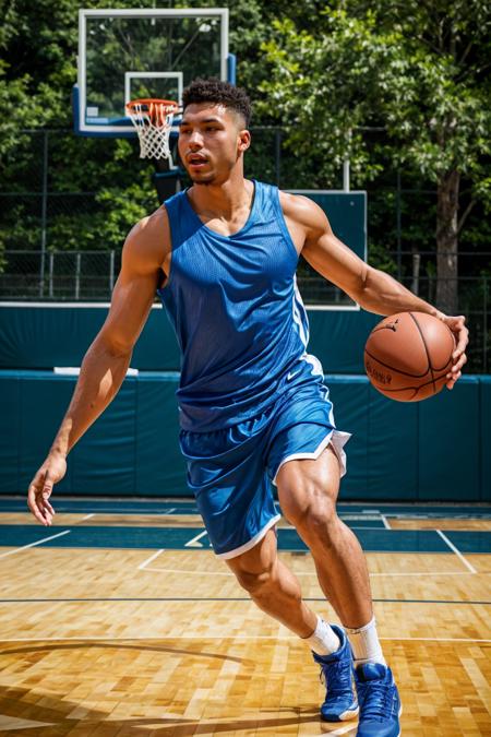 basketballplayer shirtless/tank top/basketball uniform/shirt, shorts, dynamic movement, ball, sneakers
