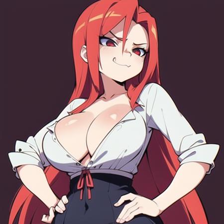 highly detailed, 8k, masterpiece, 1girl, dress, unbuttoned, Red long hair, low-tied_long_hair, smug, large_breasts, (perfect_face), detailed_background, full_body, doujinshi, downblouse, hands on hips<lora:aetherionV1-000005:0.55>