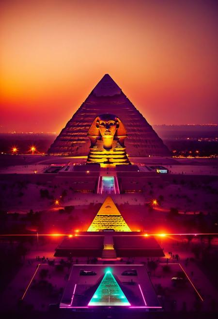 ()Hyper Realistic:2.0)Polaroid picture an image of Ancient Egyptian pyramids, bathed in golden light, as a shimmering portal materializes beneath. The portal's iridescent glow illuminates the desert sands, beckoning travelers to enter. Capture the contrast between the ancient structures and the (futuristic, utopian universe within, teeming with lush vegetation, gleaming spires, and hovering spacecraft. Incorporate a sense of wonder and discovery, as the secrets of the pyramids unlock a gateway to a brighter, intergalactic future: 1.1)
BREAK
 ()Hyoer Realistic:2.0)Polaroid picture an image of a Cyberpunk Atlanta, Georgia, cityscape at night. Neon lights and holographic advertisements illuminate the skyline. Futuristic skyscrapers with sleek, metallic designs and intricate circuit patterns. The city streets are bustling with advanced vehicles and pedestrians in cyberpunk attire. In the foreground, a prominent landmark like the Georgia Dome or the CNN Center is visible, but with a futuristic, high-tech makeover. Hyper-realistic details, vibrant colors, and a sense of dynamic energy. Rule of thirds, detailed environment, and intricate lighting effects