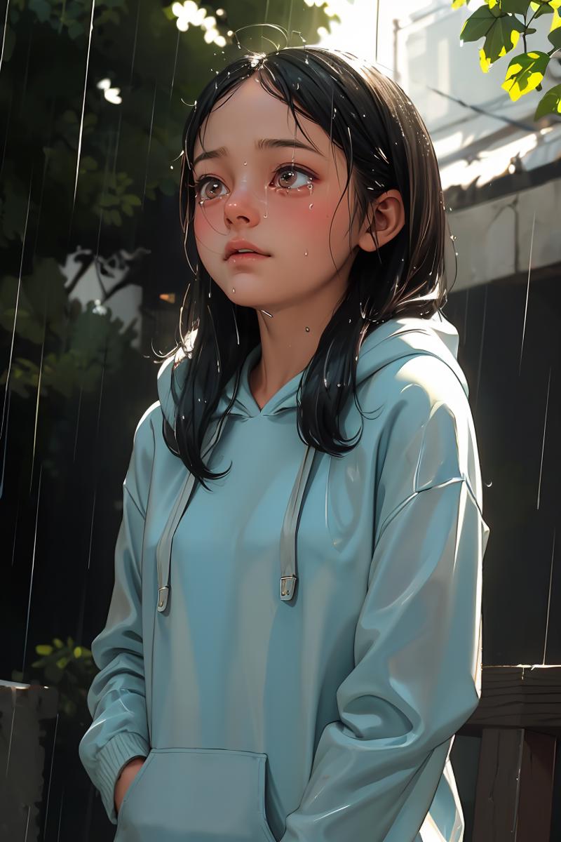 A young girl wearing a blue hoodie in the rain.